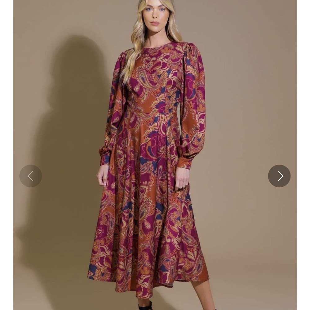 Flying Tomato Forevermore Paisley Rust Midi Dress Long Sleeve Boho